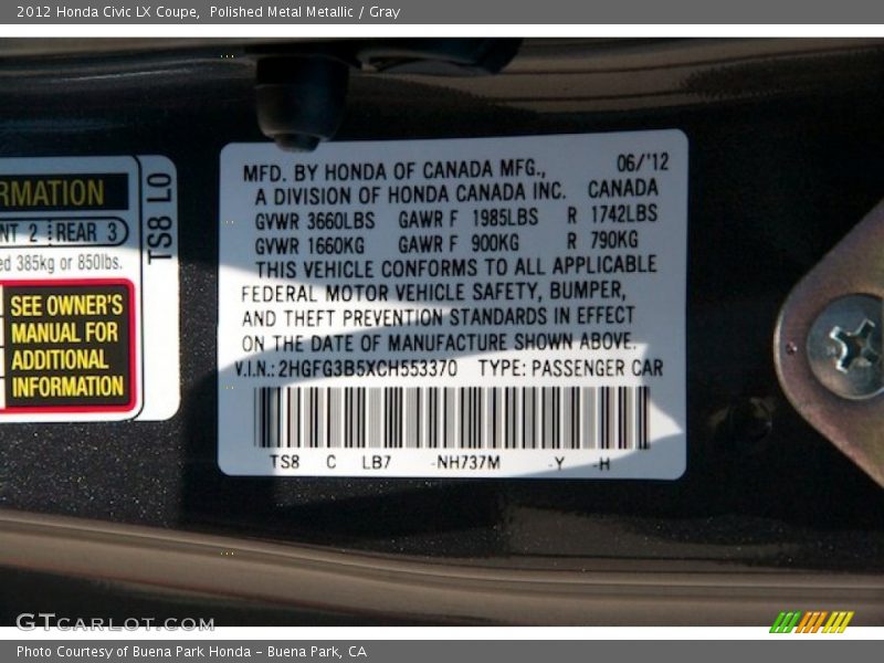Polished Metal Metallic / Gray 2012 Honda Civic LX Coupe