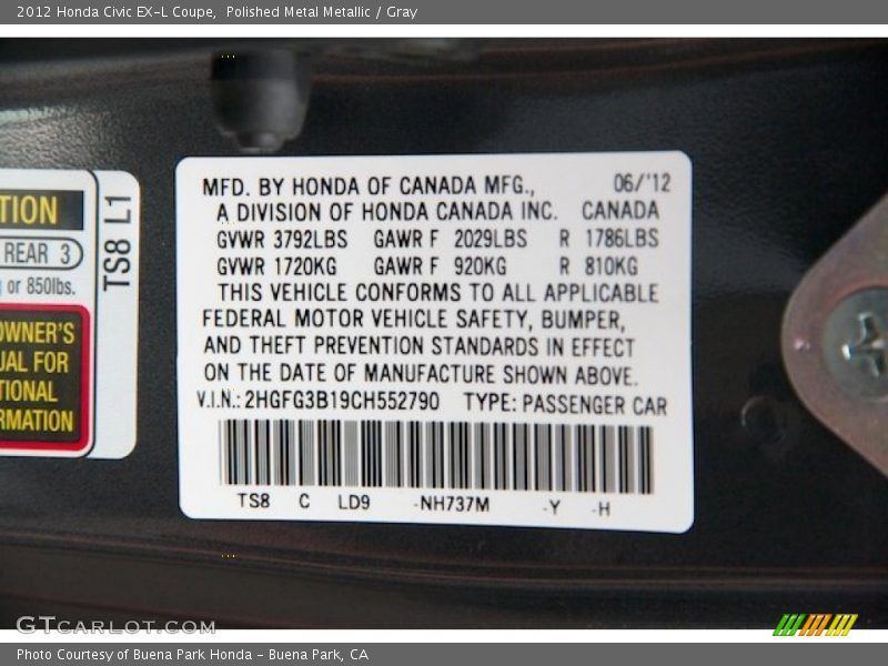 Polished Metal Metallic / Gray 2012 Honda Civic EX-L Coupe