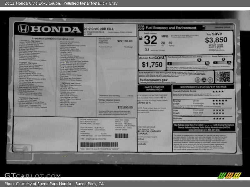 Polished Metal Metallic / Gray 2012 Honda Civic EX-L Coupe
