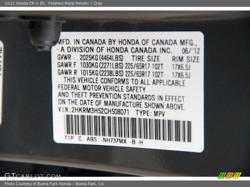 Polished Metal Metallic / Gray 2012 Honda CR-V EX