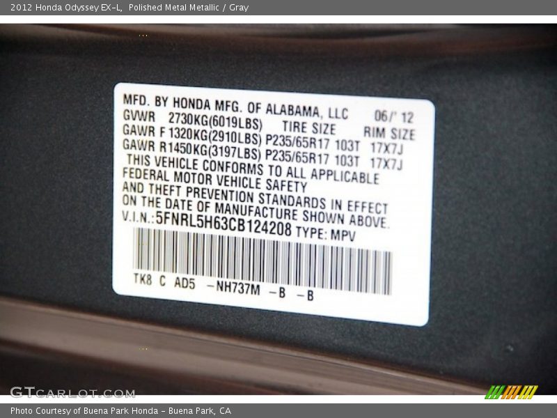 Polished Metal Metallic / Gray 2012 Honda Odyssey EX-L