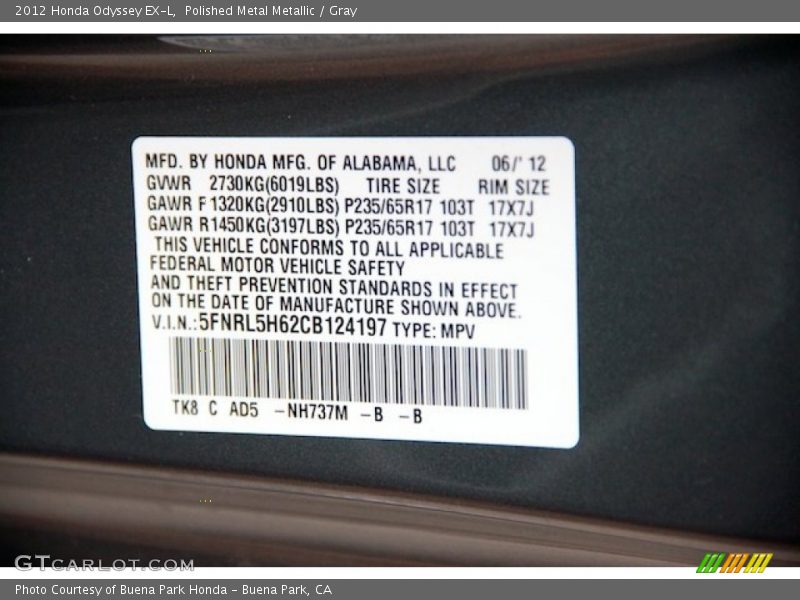 Polished Metal Metallic / Gray 2012 Honda Odyssey EX-L