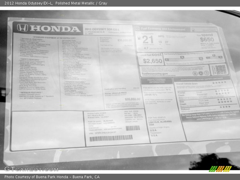 Polished Metal Metallic / Gray 2012 Honda Odyssey EX-L