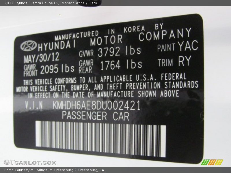 2013 Elantra Coupe GS Monaco White Color Code YAC
