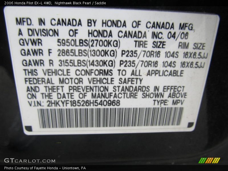 Nighthawk Black Pearl / Saddle 2006 Honda Pilot EX-L 4WD