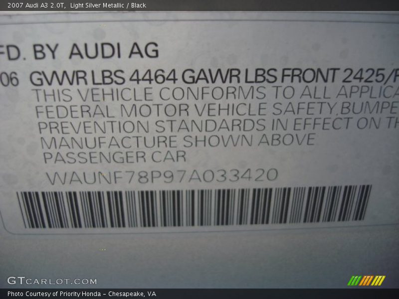 Light Silver Metallic / Black 2007 Audi A3 2.0T