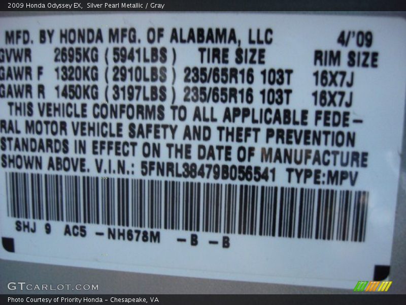 Silver Pearl Metallic / Gray 2009 Honda Odyssey EX