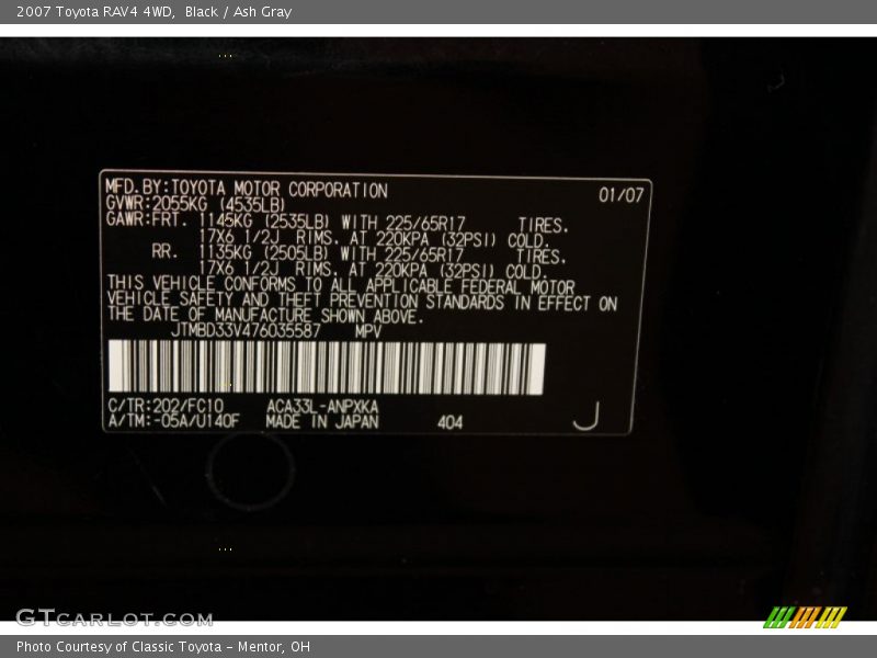 Black / Ash Gray 2007 Toyota RAV4 4WD