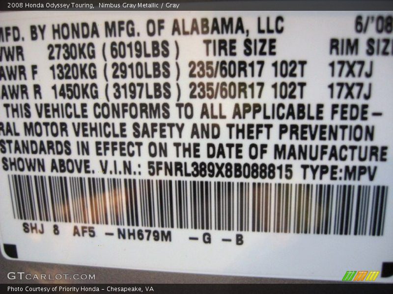 Nimbus Gray Metallic / Gray 2008 Honda Odyssey Touring