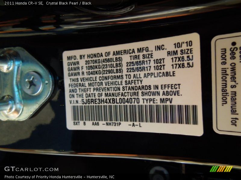 Crystal Black Pearl / Black 2011 Honda CR-V SE