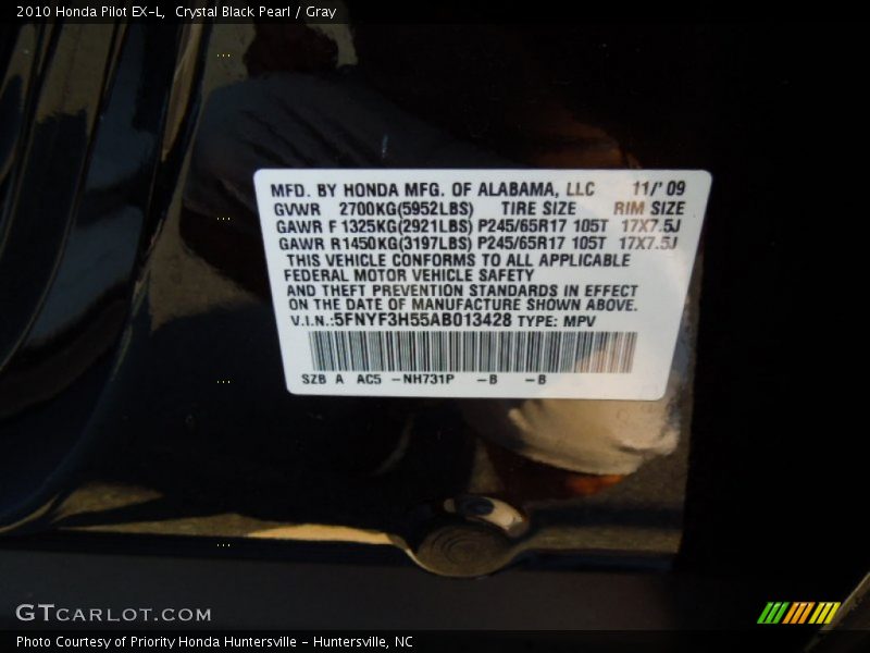 Crystal Black Pearl / Gray 2010 Honda Pilot EX-L