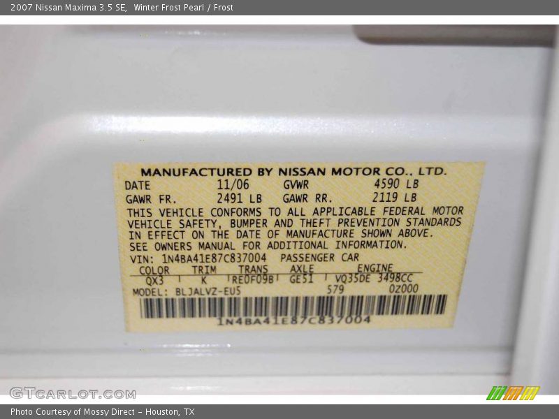 Winter Frost Pearl / Frost 2007 Nissan Maxima 3.5 SE