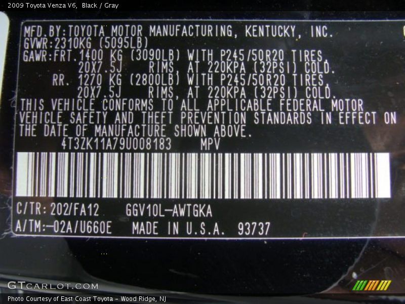 Black / Gray 2009 Toyota Venza V6