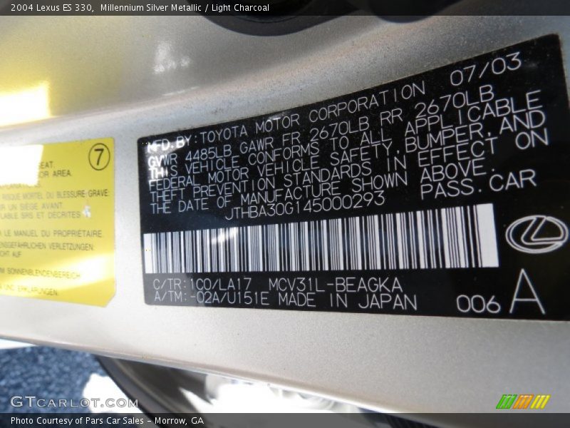 Millennium Silver Metallic / Light Charcoal 2004 Lexus ES 330