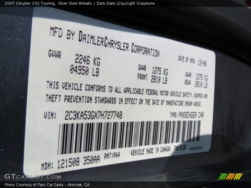 Silver Steel Metallic / Dark Slate Gray/Light Graystone 2007 Chrysler 300 Touring