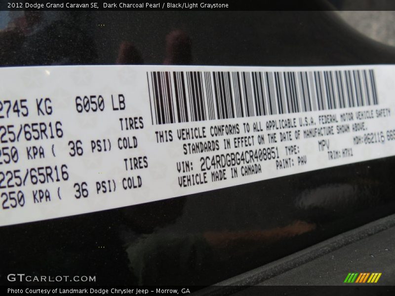 Dark Charcoal Pearl / Black/Light Graystone 2012 Dodge Grand Caravan SE