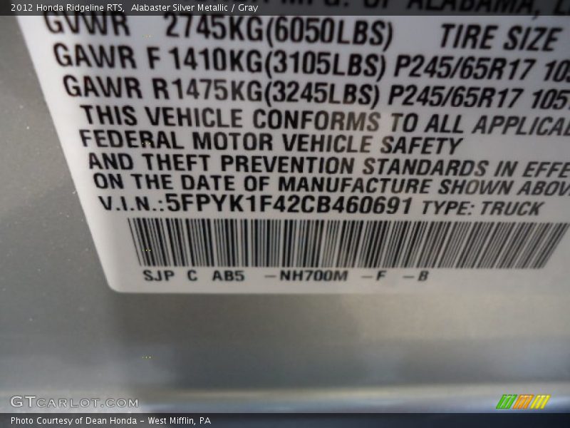 Alabaster Silver Metallic / Gray 2012 Honda Ridgeline RTS