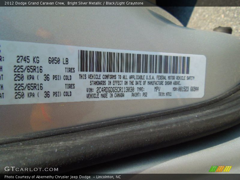 Bright Silver Metallic / Black/Light Graystone 2012 Dodge Grand Caravan Crew