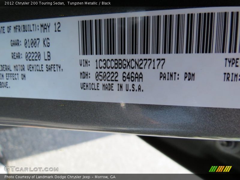 Tungsten Metallic / Black 2012 Chrysler 200 Touring Sedan