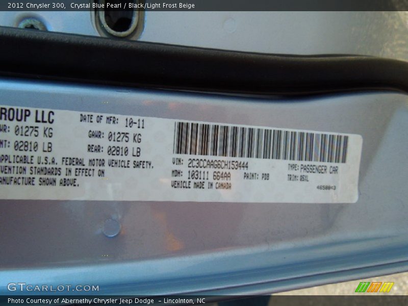 Crystal Blue Pearl / Black/Light Frost Beige 2012 Chrysler 300