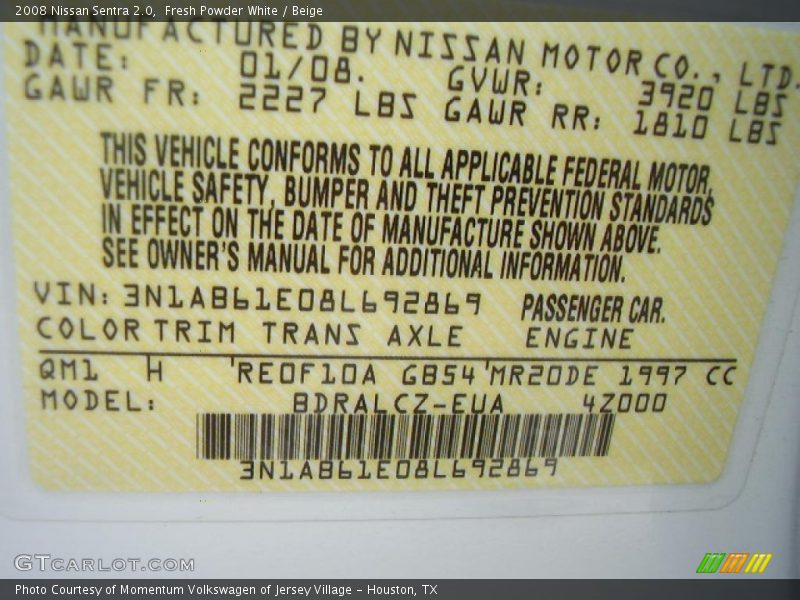Fresh Powder White / Beige 2008 Nissan Sentra 2.0