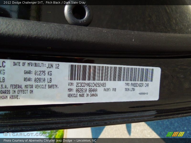 Pitch Black / Dark Slate Gray 2012 Dodge Challenger SXT