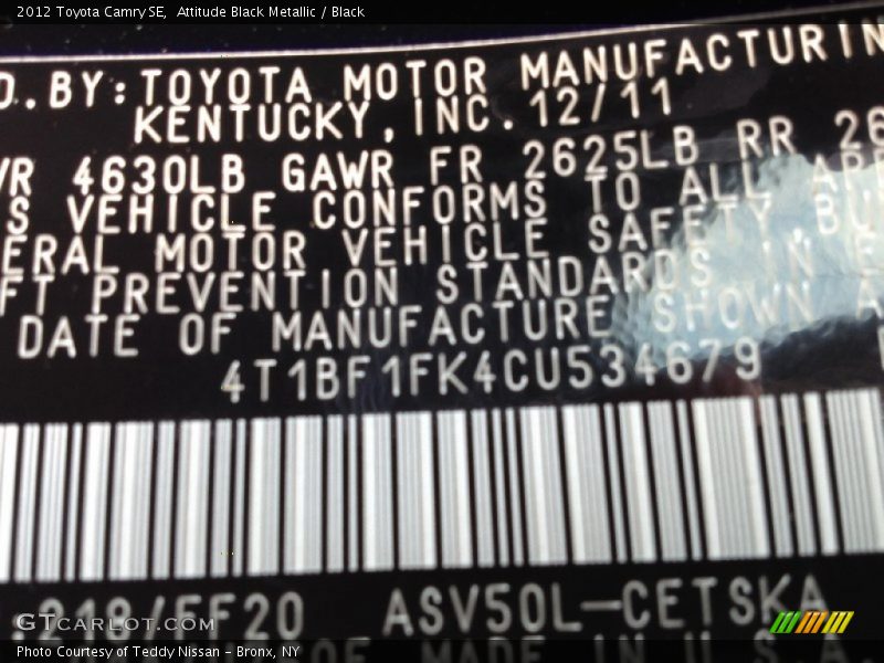 Attitude Black Metallic / Black 2012 Toyota Camry SE