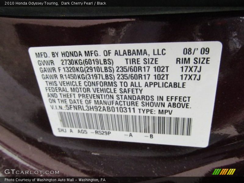 Dark Cherry Pearl / Black 2010 Honda Odyssey Touring