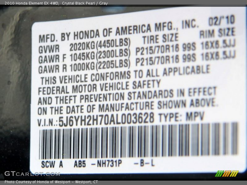 Crystal Black Pearl / Gray 2010 Honda Element EX 4WD