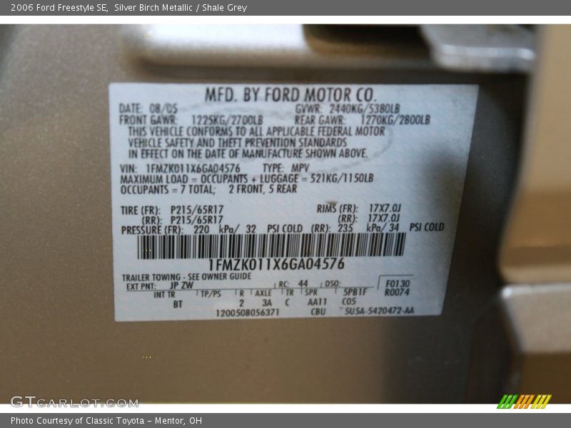 Silver Birch Metallic / Shale Grey 2006 Ford Freestyle SE