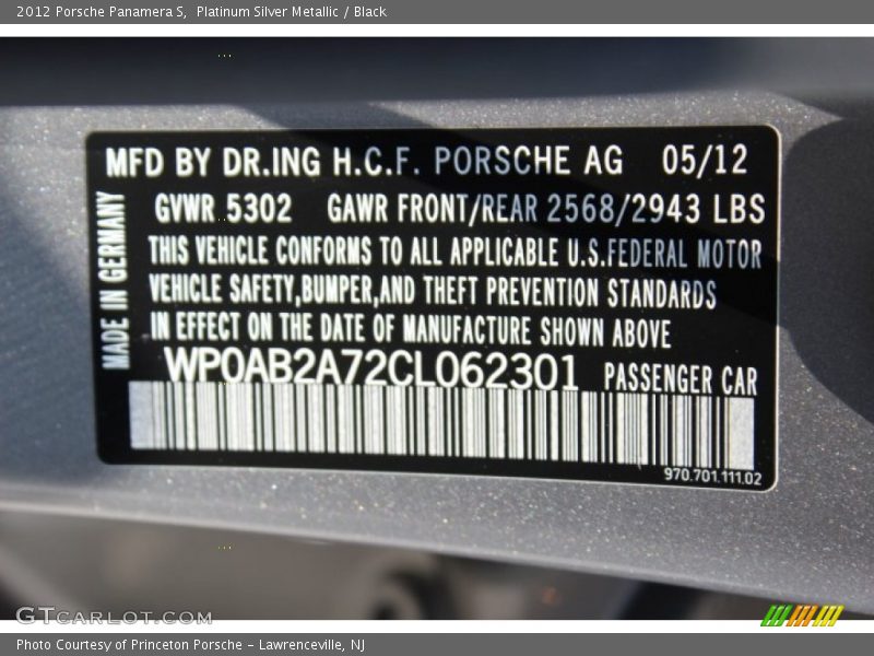 Platinum Silver Metallic / Black 2012 Porsche Panamera S