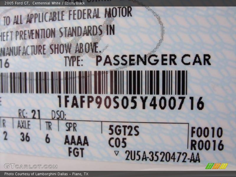Info Tag of 2005 GT 