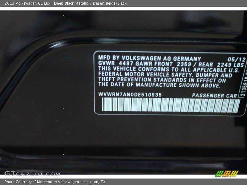 Deep Black Metallic / Desert Beige/Black 2013 Volkswagen CC Lux