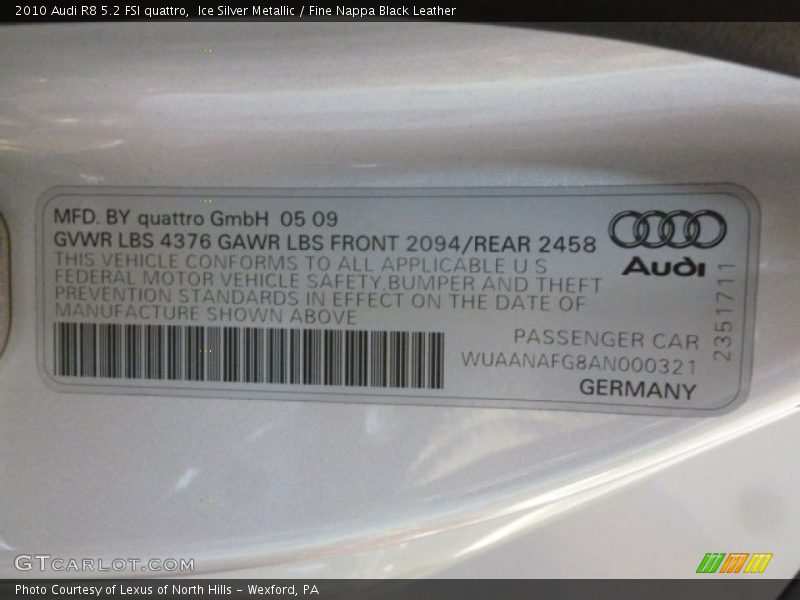 Ice Silver Metallic / Fine Nappa Black Leather 2010 Audi R8 5.2 FSI quattro
