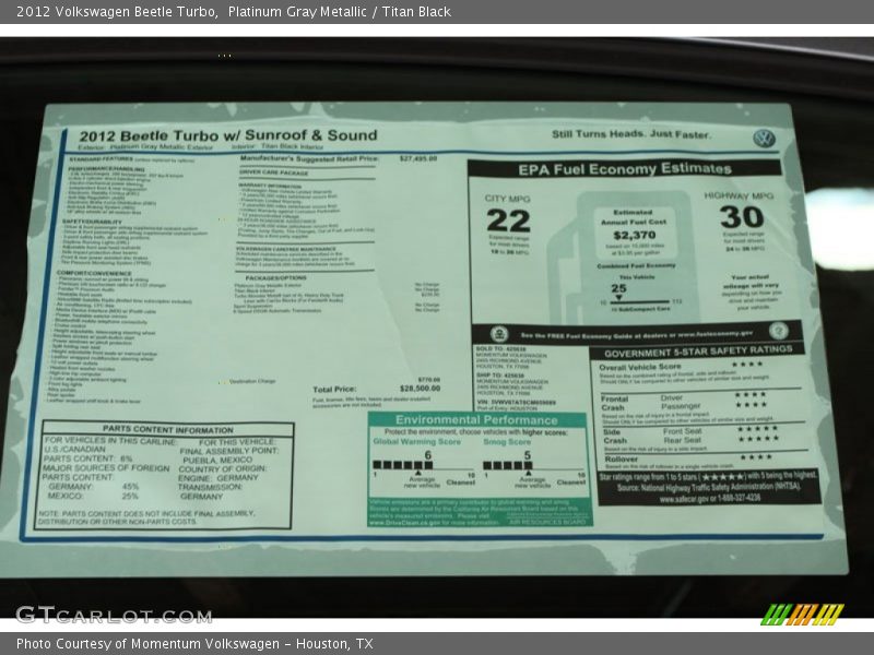 Platinum Gray Metallic / Titan Black 2012 Volkswagen Beetle Turbo