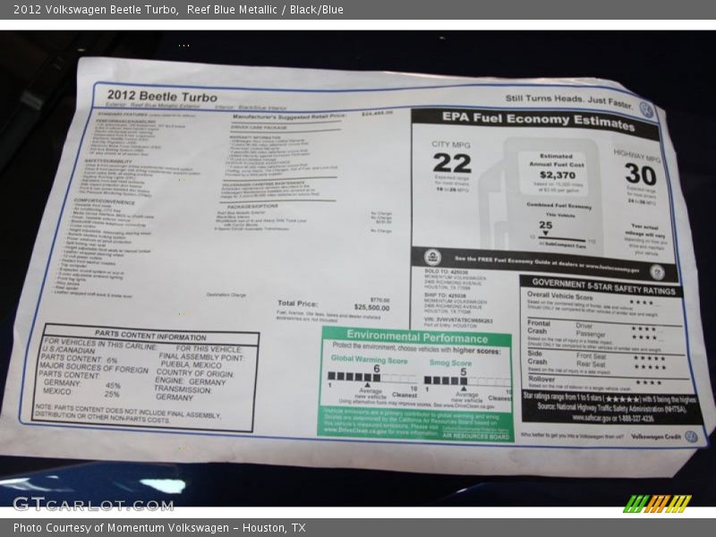 Reef Blue Metallic / Black/Blue 2012 Volkswagen Beetle Turbo
