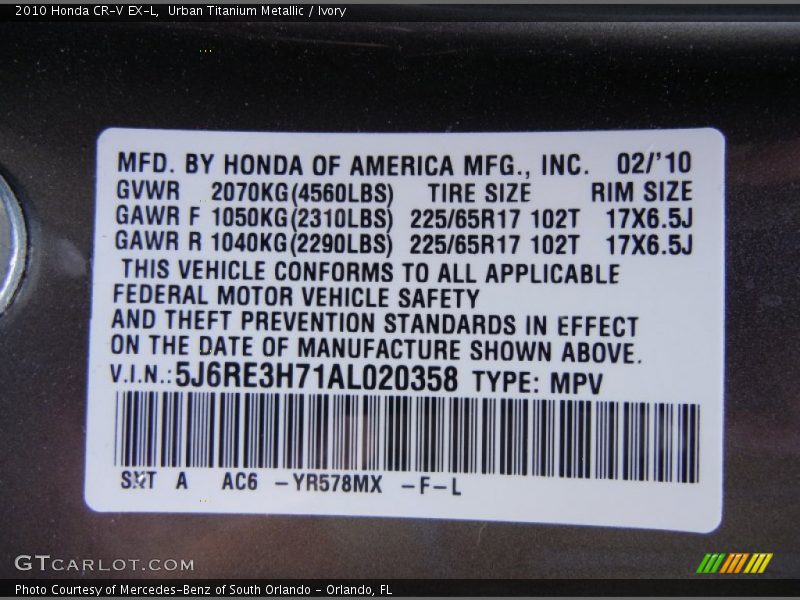 Urban Titanium Metallic / Ivory 2010 Honda CR-V EX-L