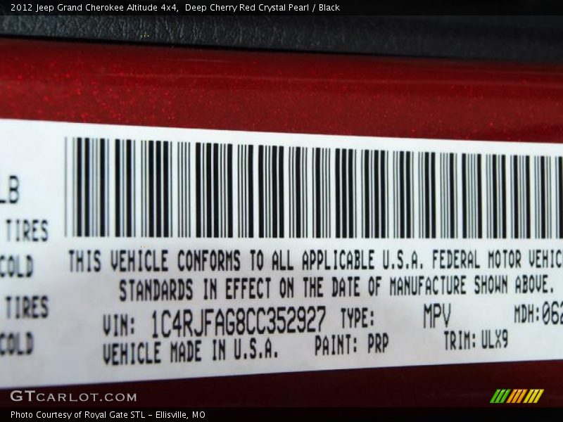2012 Grand Cherokee Altitude 4x4 Deep Cherry Red Crystal Pearl Color Code PRP