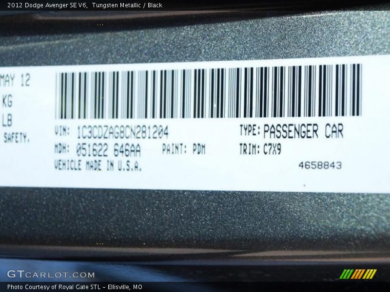 Tungsten Metallic / Black 2012 Dodge Avenger SE V6