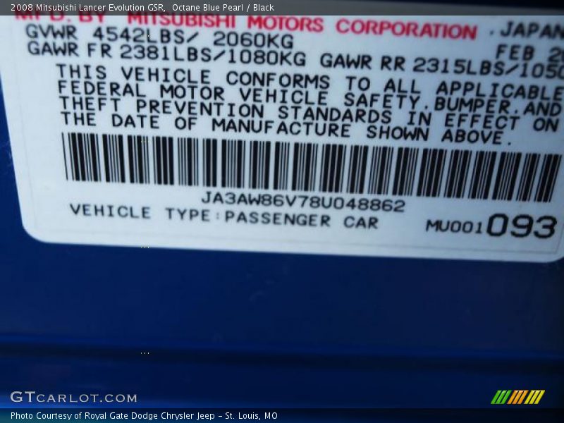 Octane Blue Pearl / Black 2008 Mitsubishi Lancer Evolution GSR