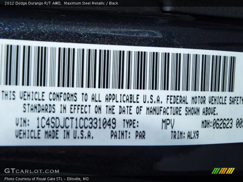 2012 Durango R/T AWD Maximum Steel Metallic Color Code PAR