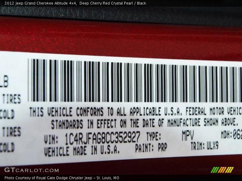 Deep Cherry Red Crystal Pearl / Black 2012 Jeep Grand Cherokee Altitude 4x4
