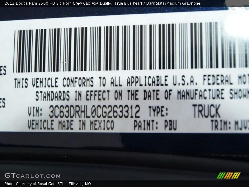 2012 Ram 3500 HD Big Horn Crew Cab 4x4 Dually True Blue Pearl Color Code PBU