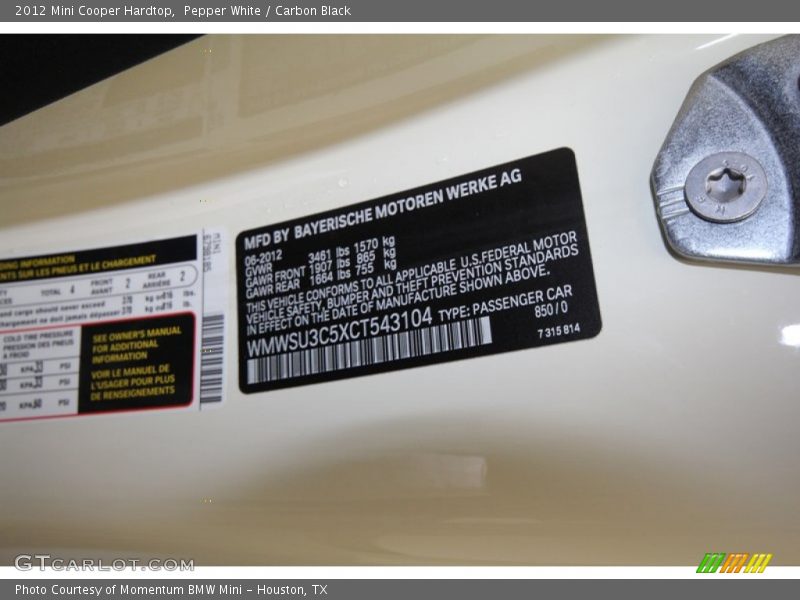 Pepper White / Carbon Black 2012 Mini Cooper Hardtop