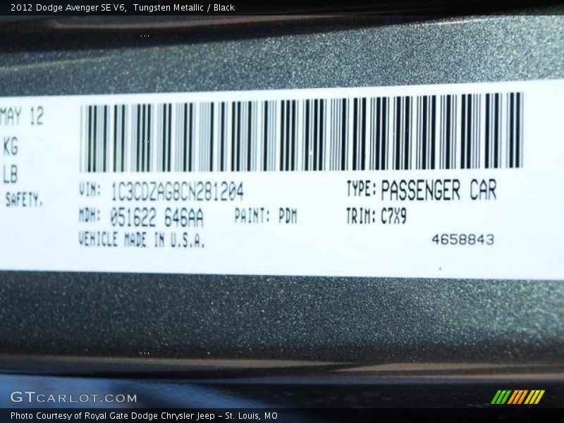 Tungsten Metallic / Black 2012 Dodge Avenger SE V6