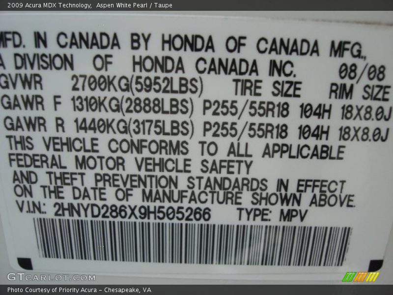 Aspen White Pearl / Taupe 2009 Acura MDX Technology