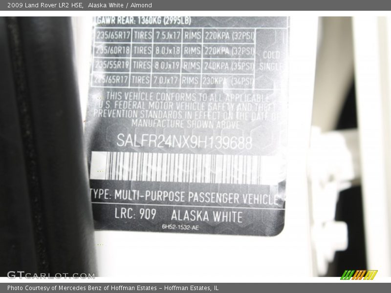 2009 LR2 HSE Alaska White Color Code 909