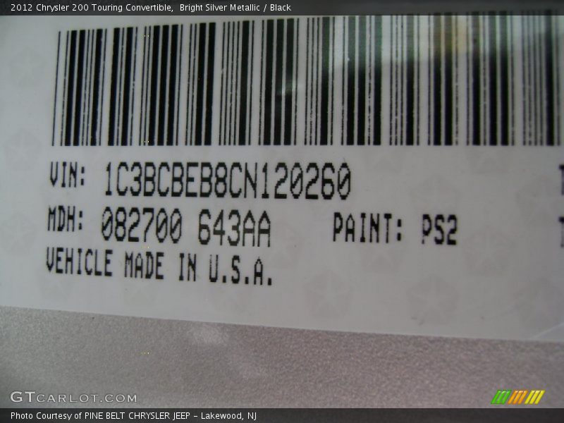 Bright Silver Metallic / Black 2012 Chrysler 200 Touring Convertible
