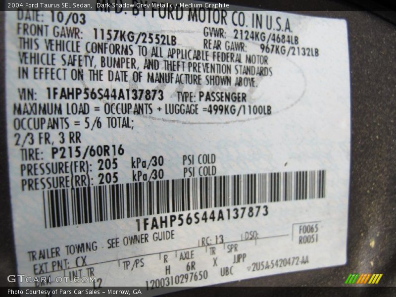 2004 Taurus SEL Sedan Dark Shadow Grey Metallic Color Code CX