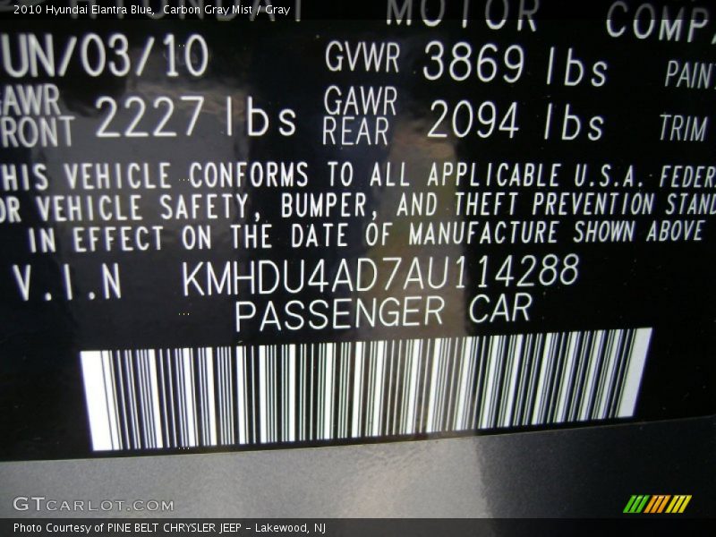 Carbon Gray Mist / Gray 2010 Hyundai Elantra Blue